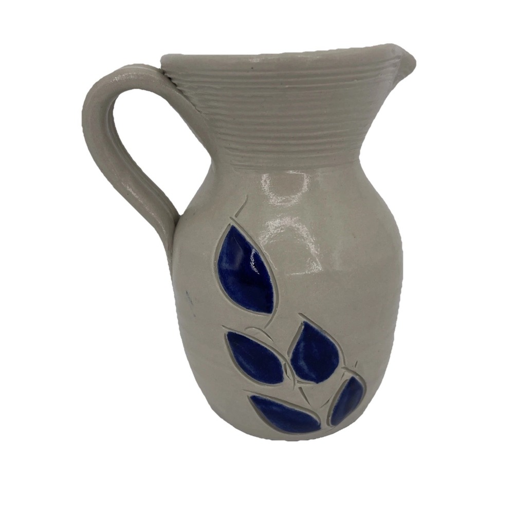 VTG Williamsburg Pottery Salt Glaze Cobalt Blue Leaves 5" Small Pitcher Creamer